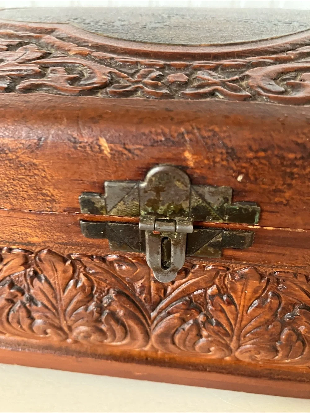 Vintage 50’s Carved Wood Jewelry/Trinket Box With Motif